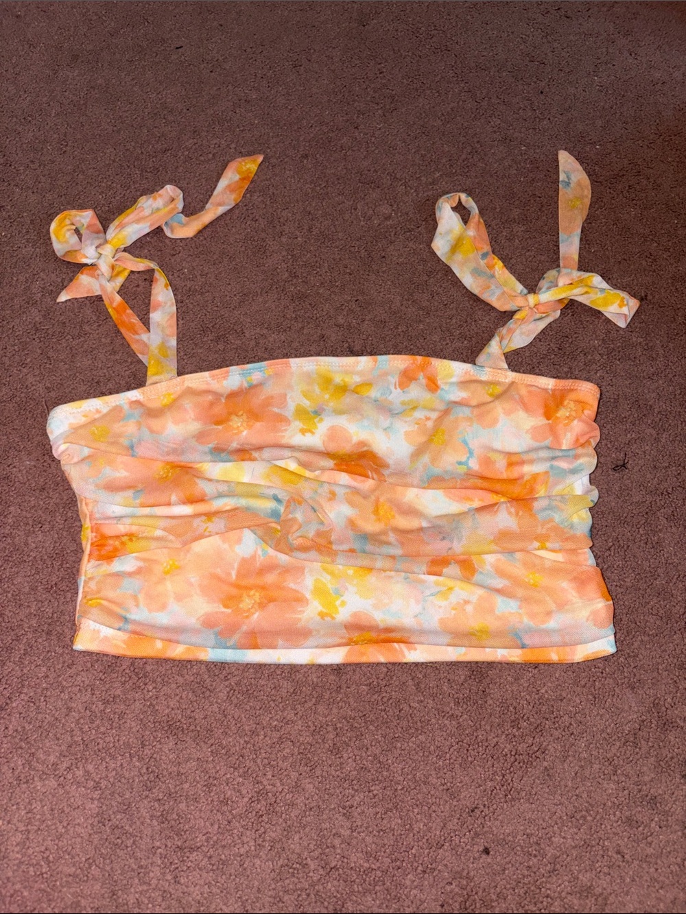 SHEIN Peach Floral Tie-Shoulder Ruched Crop Top